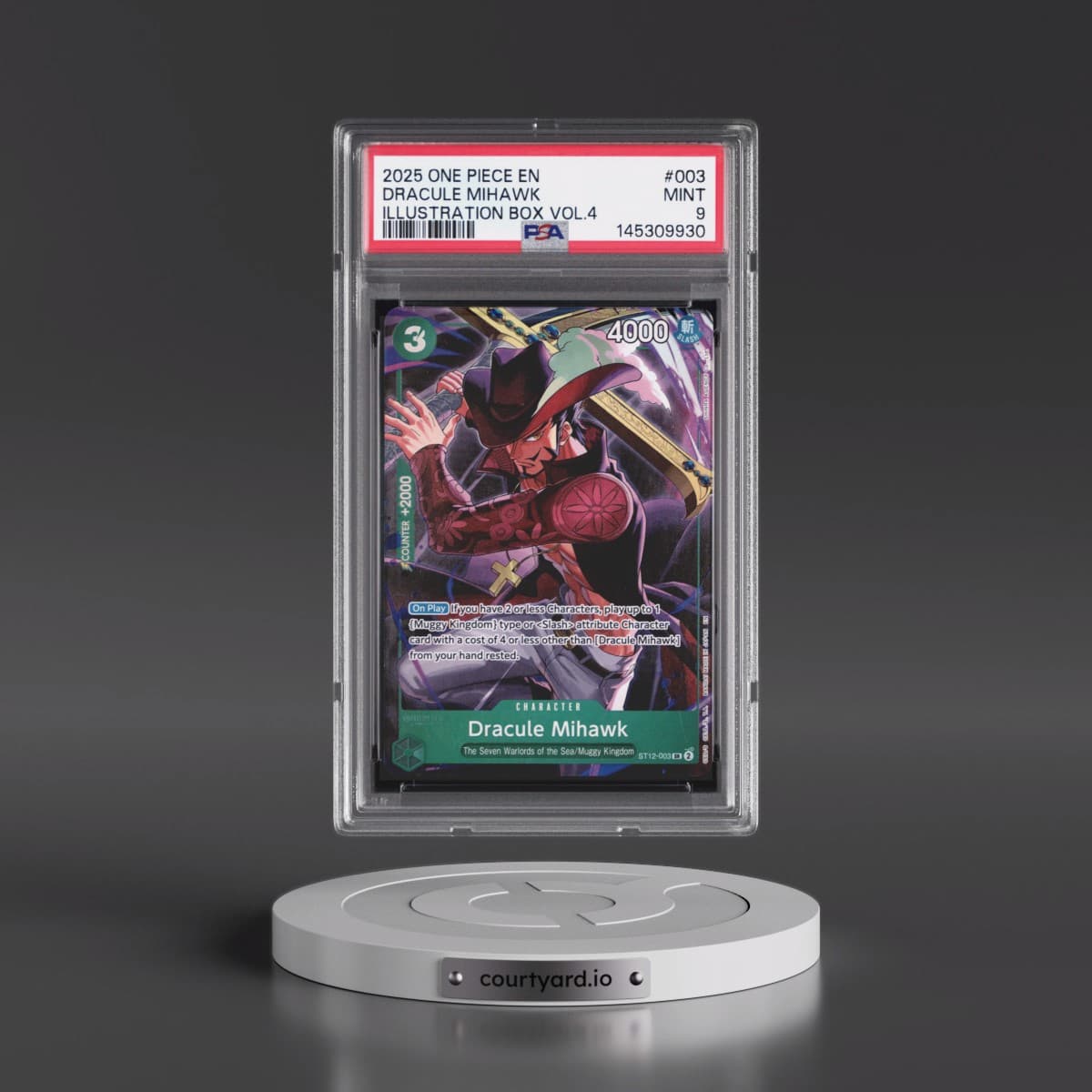 2025 One Piece Promos #003 Dracule Mihawk - Illustration Box Vol.4 (PSA 9 MINT)