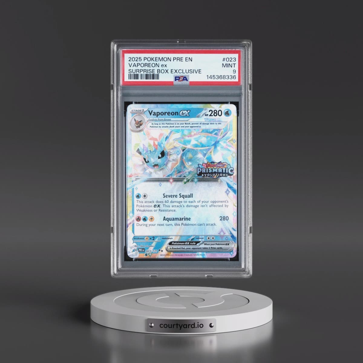 2025 Pokémon Pre EN-Prismatic Evolutions #023 Vaporeon EX - Holo Surprise Box Exclusive (PSA 9 MINT)