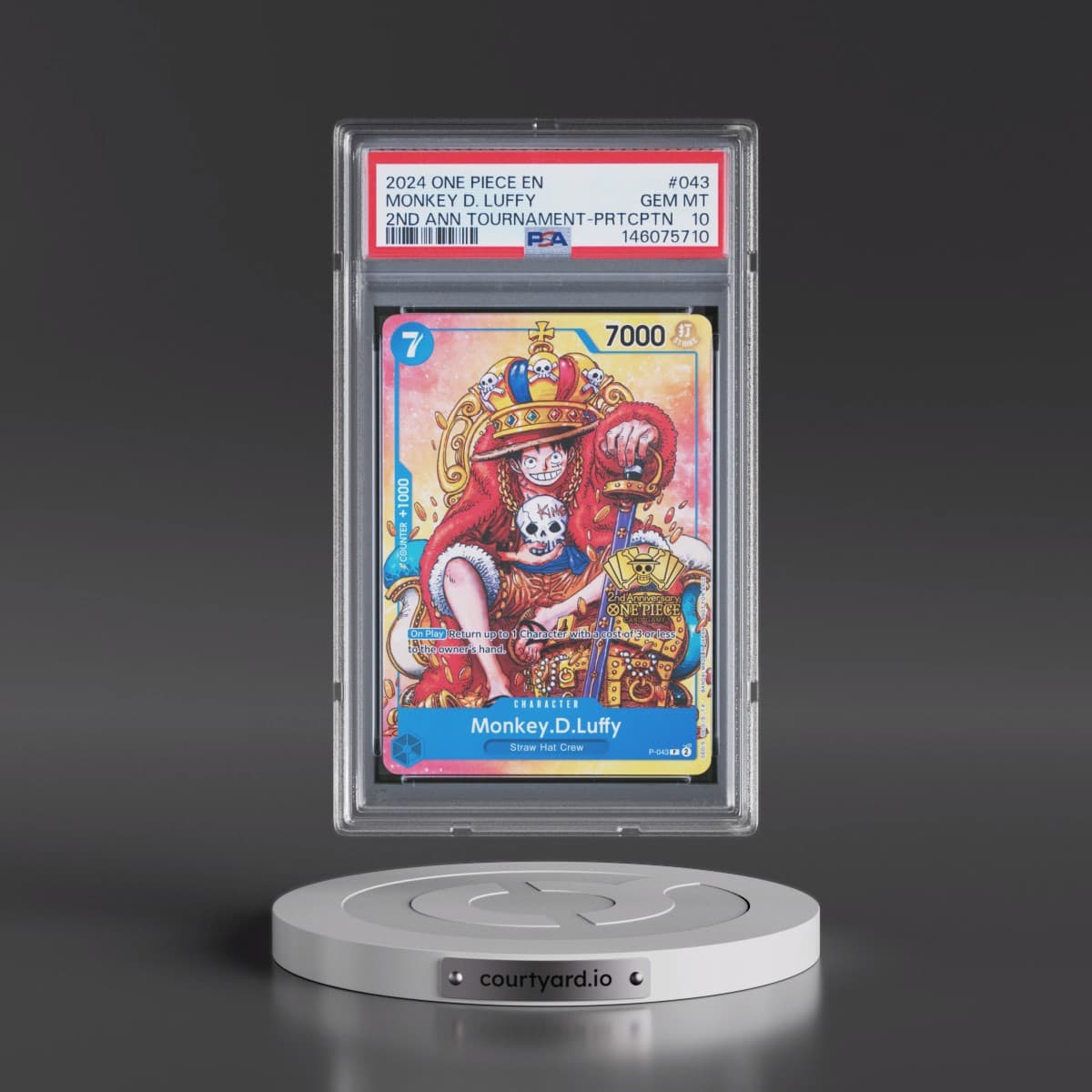 2024 One Piece Promos #043 Monkey D. Luffy - 2nd Anniversary Tournament-Participation (PSA 10 GEM MINT)