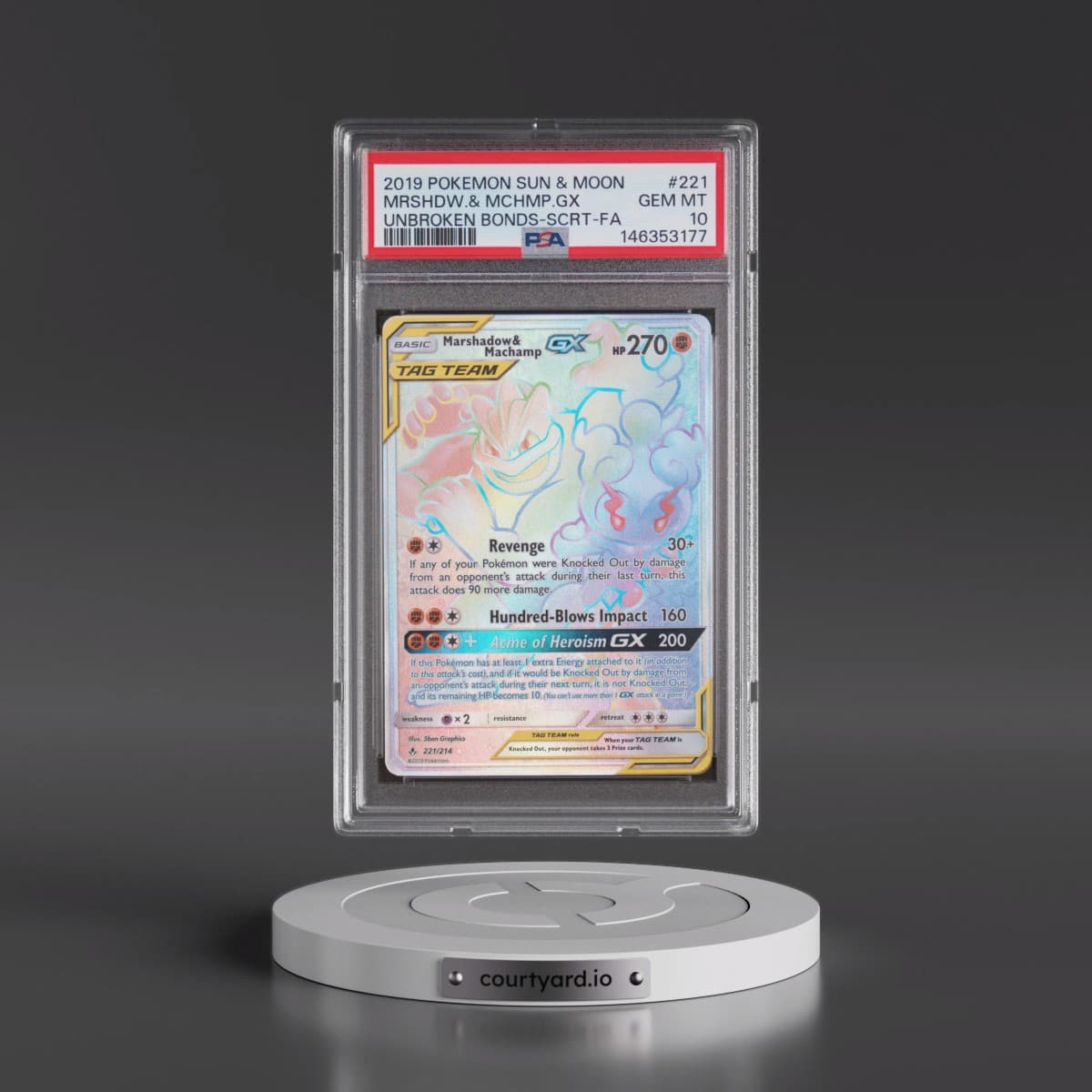 2019 Pokémon Sun & Moon Unbroken Bonds #221 Marshadow & Machamp GX - Holo Full Art Secret (PSA 10 GEM MINT)