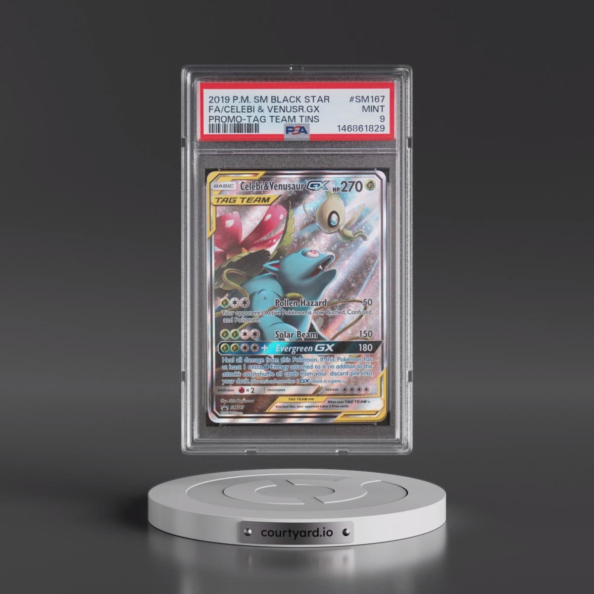 2019 Pokémon SM Black Star Promo #SM167 Celebi & Venusaur GX - Holo Full Art Tag Team Tins (PSA 9 MINT)