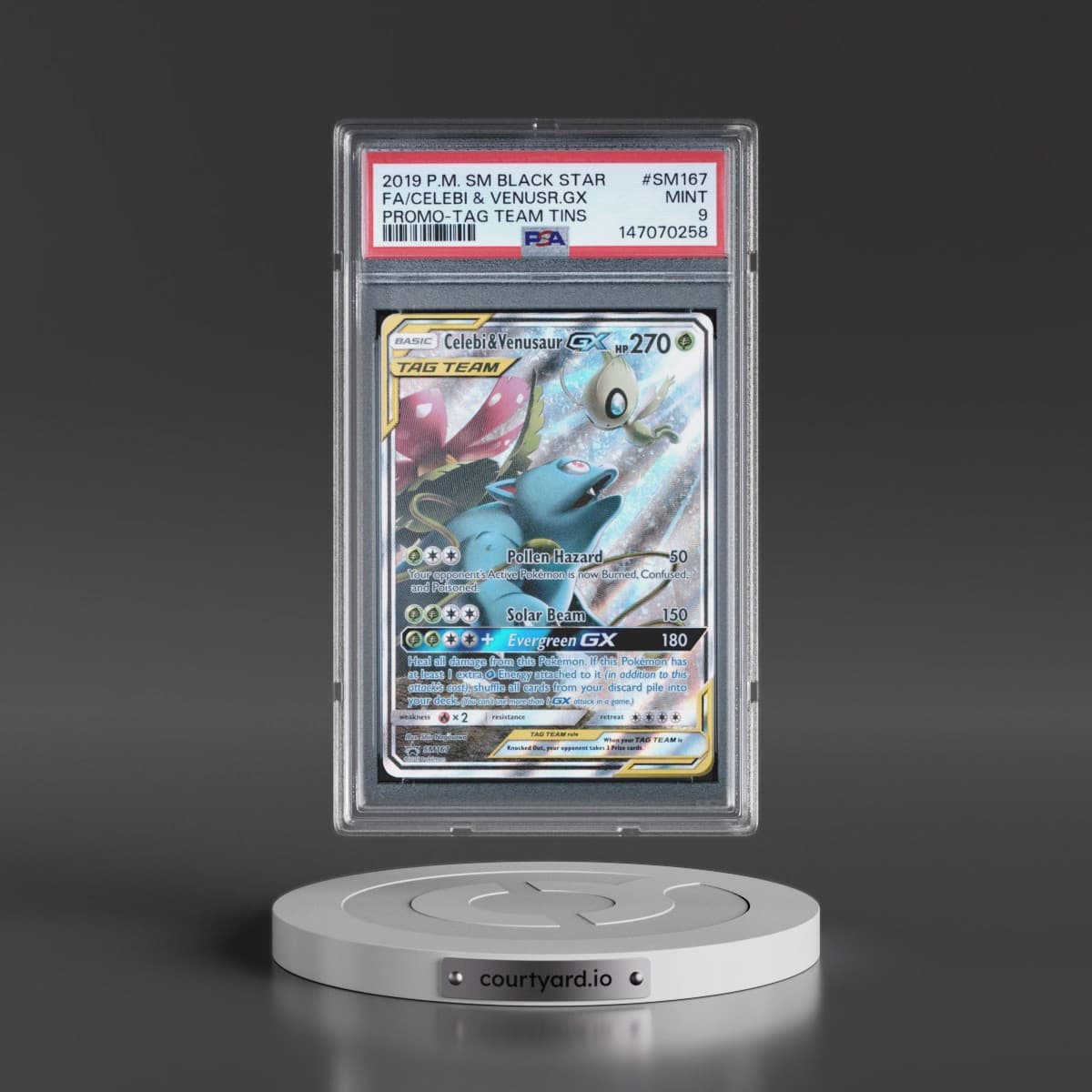 2019 Pokémon SM Black Star Promo #SM167 Celebi & Venusaur GX - Holo Full Art Tag Team Tins (PSA 9 MINT)