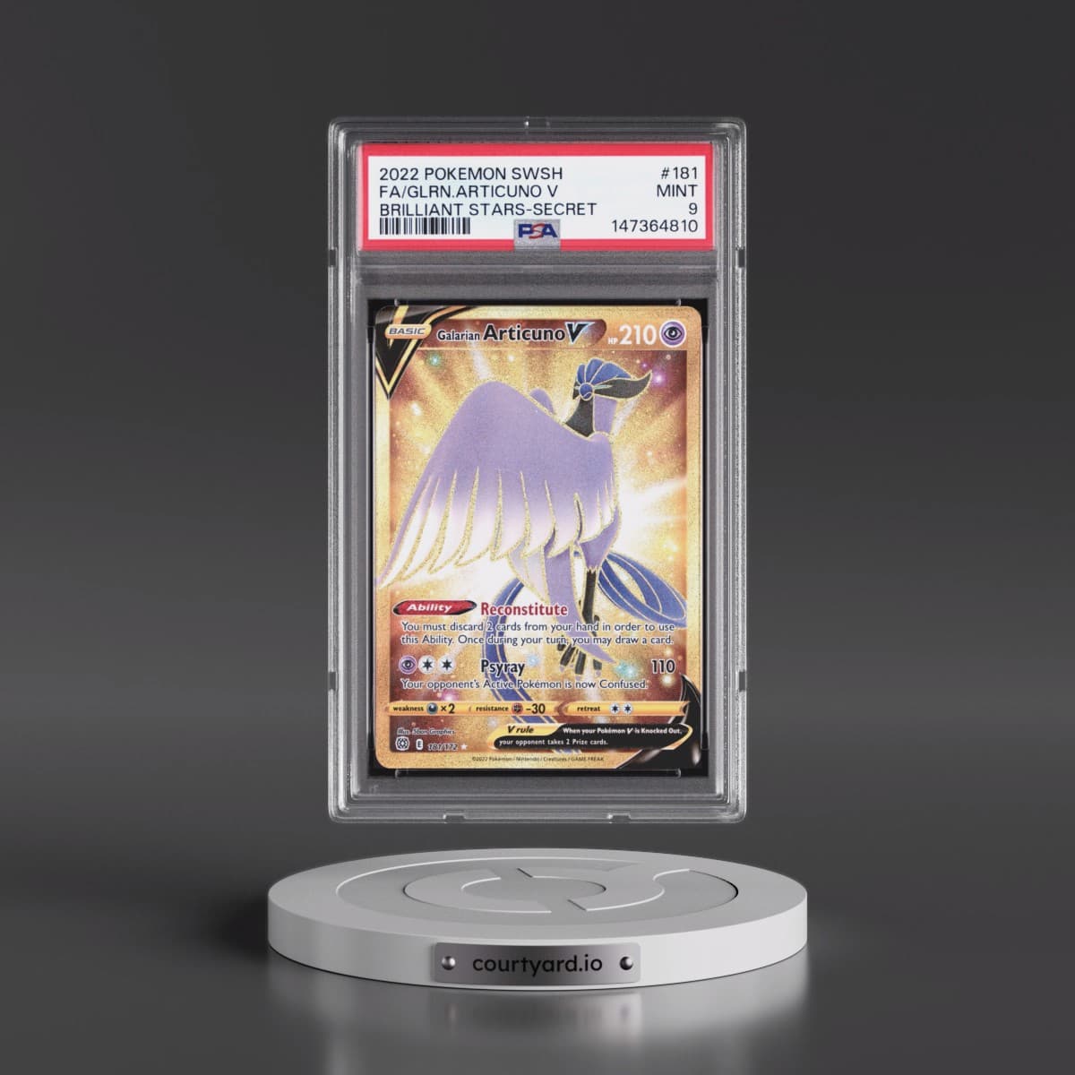 2022 Pokémon Sword & Shield Brilliant Stars #181 Galarian Articuno V - Holo Full Art Secret (PSA 9 MINT)