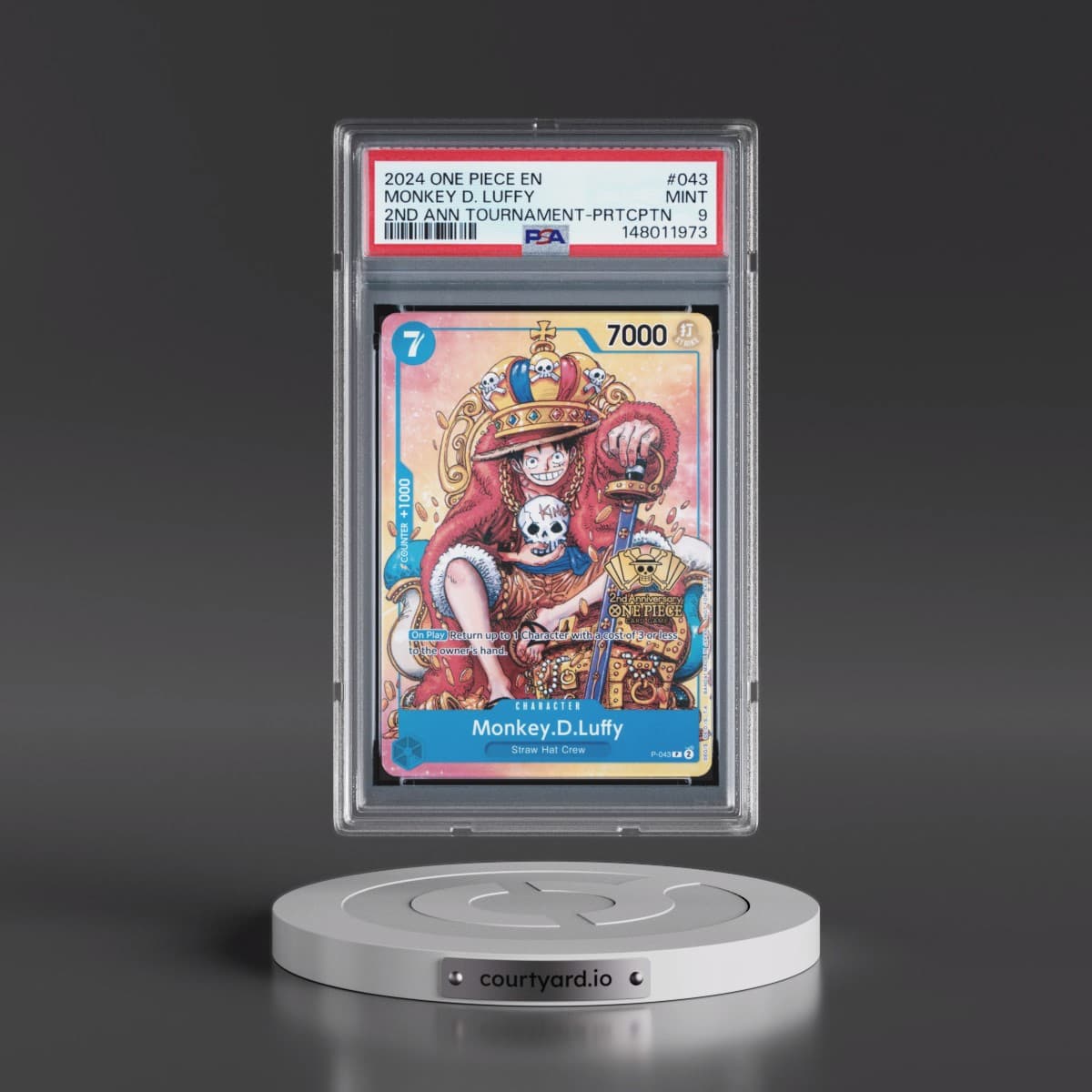 2024 One Piece Promos #043 Monkey D. Luffy - 2nd Anniversary Tournament-Participation (PSA 9 MINT)
