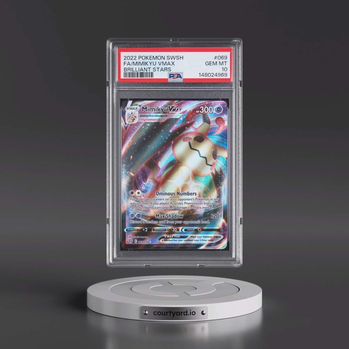 2022 Pokémon Sword & Shield Brilliant Stars #069 Mimikyu Vmax - Full Art (PSA 10 GEM MINT)