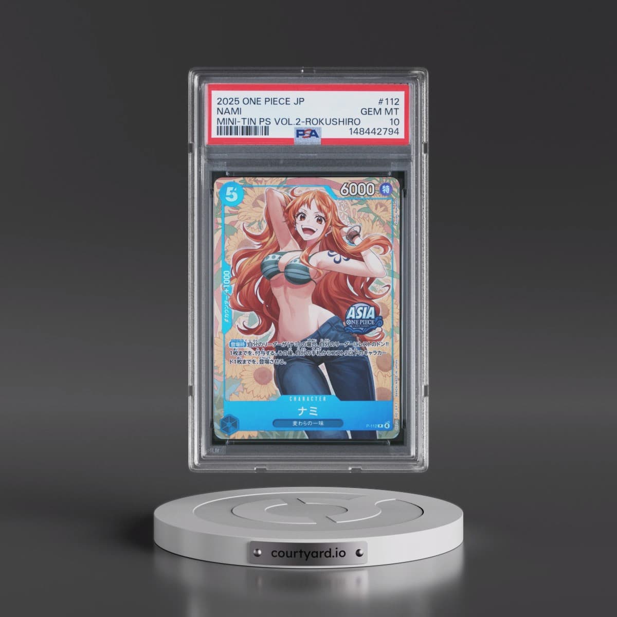 2025 One Piece Japanese Mini-Tin Pack Set Vol.2 #112 Nami - Koushi Rokushiro (PSA 10 GEM MINT)