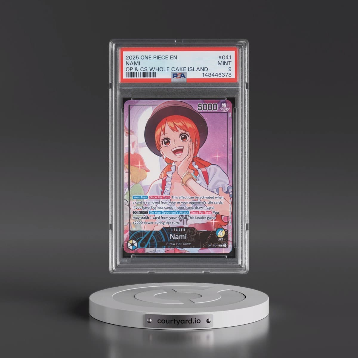 2025 One Piece Promos #041 Nami - Official Playmat & Card Set -Whole Cake Island Arc (PSA 9 MINT)