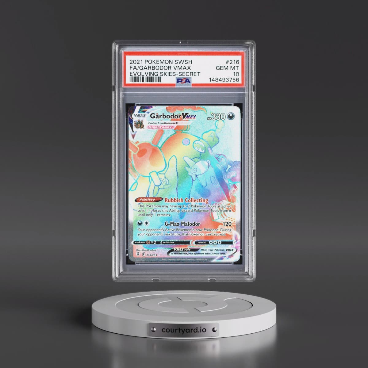 2021 Pokémon Sword & Shield Evolving Skies #216 Garbodor Vmax - Full Art Secret (PSA 10 GEM MINT)