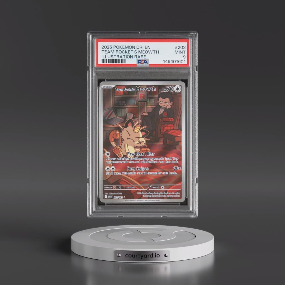 2025 Pokémon Dri EN-Destined Rivals #203 Team Rocket's Meowth - Illustration Rare (PSA 9 MINT)