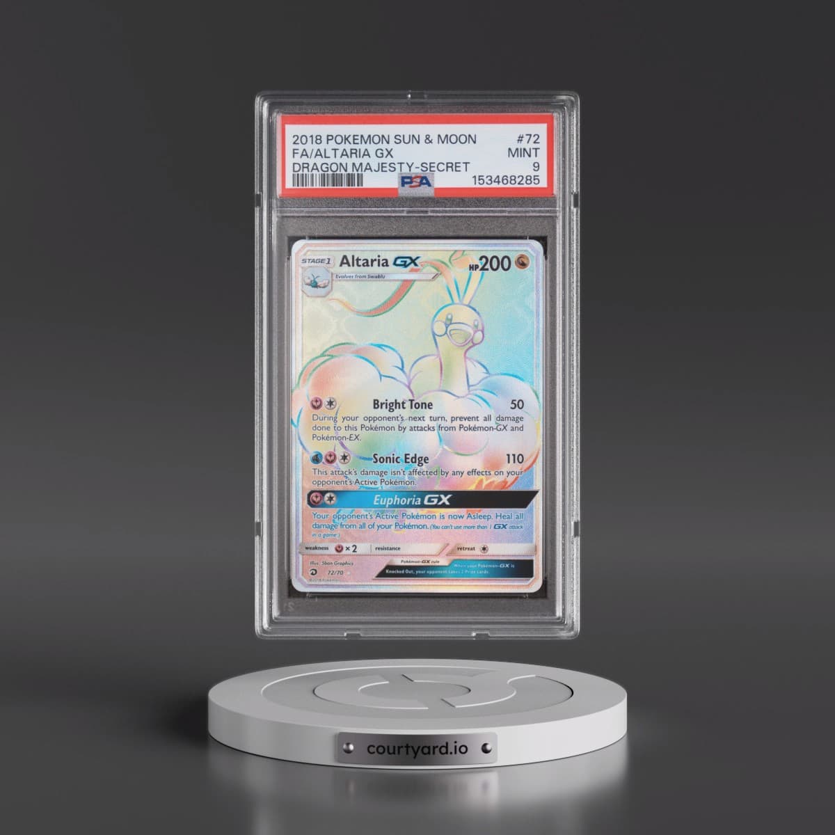 2018 Pokémon Sun & Moon Dragon Majesty #72 Altaria GX - Holo Full Art Secret (PSA 9 MINT)