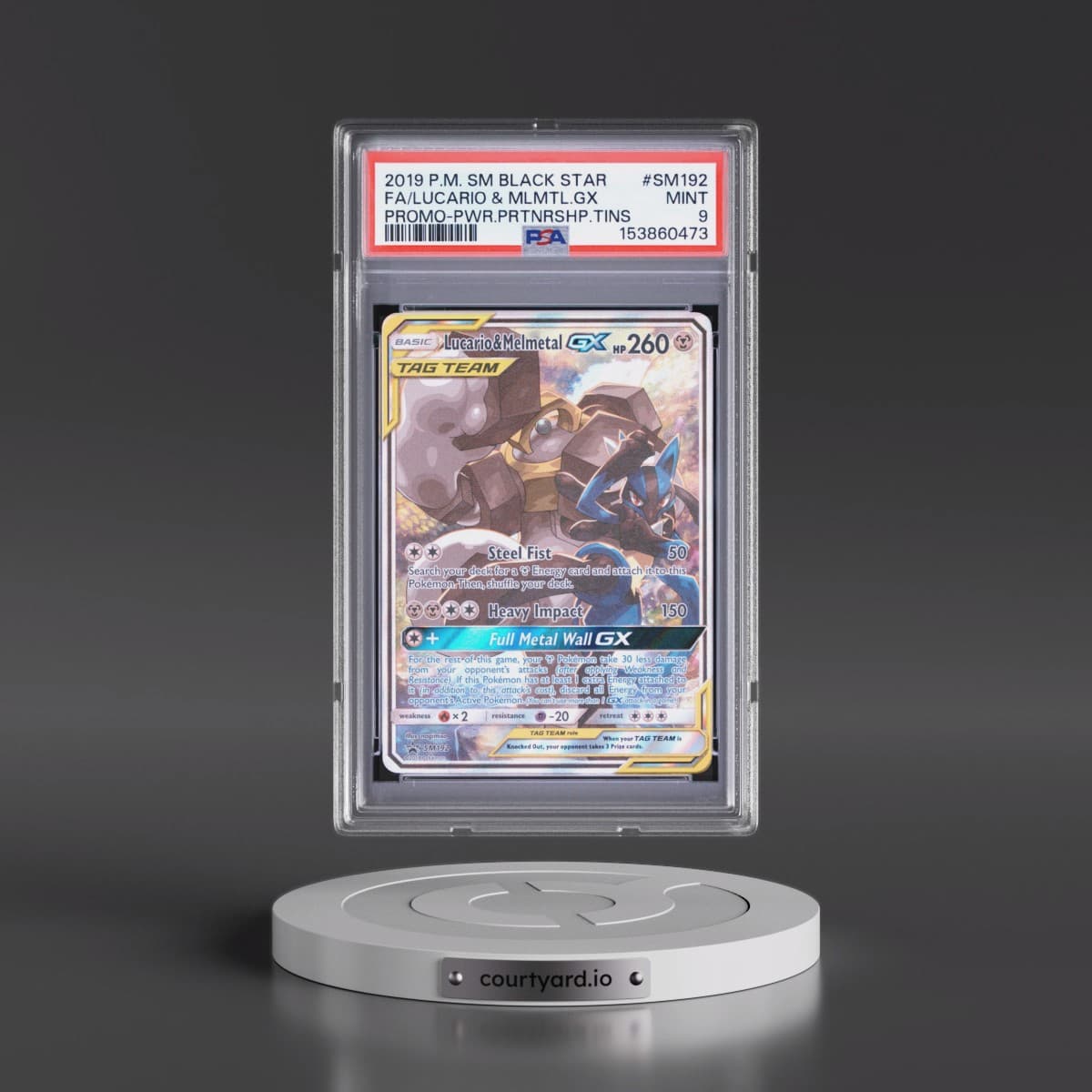 2019 Pokémon SM Black Star Promo #SM192 Lucario & Melmetal GX - Holo Full Art Power Partnership Tins (PSA 9 MINT)