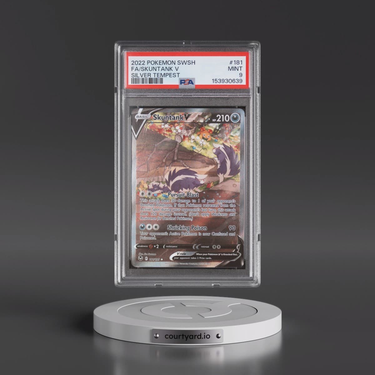2022 Pokémon Sword & Shield Silver Tempest #181 Skuntank V - Holo Full Art (PSA 9 MINT)