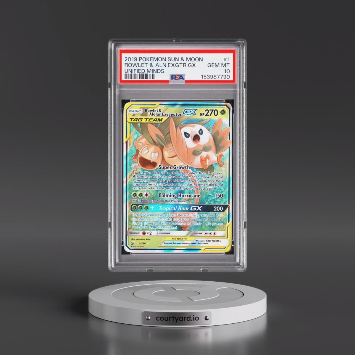 2019 Pokémon Sun & Moon Unified Minds #1 Rowlet & Alolan Exeggutor GX - Holo (PSA 10 GEM MINT)