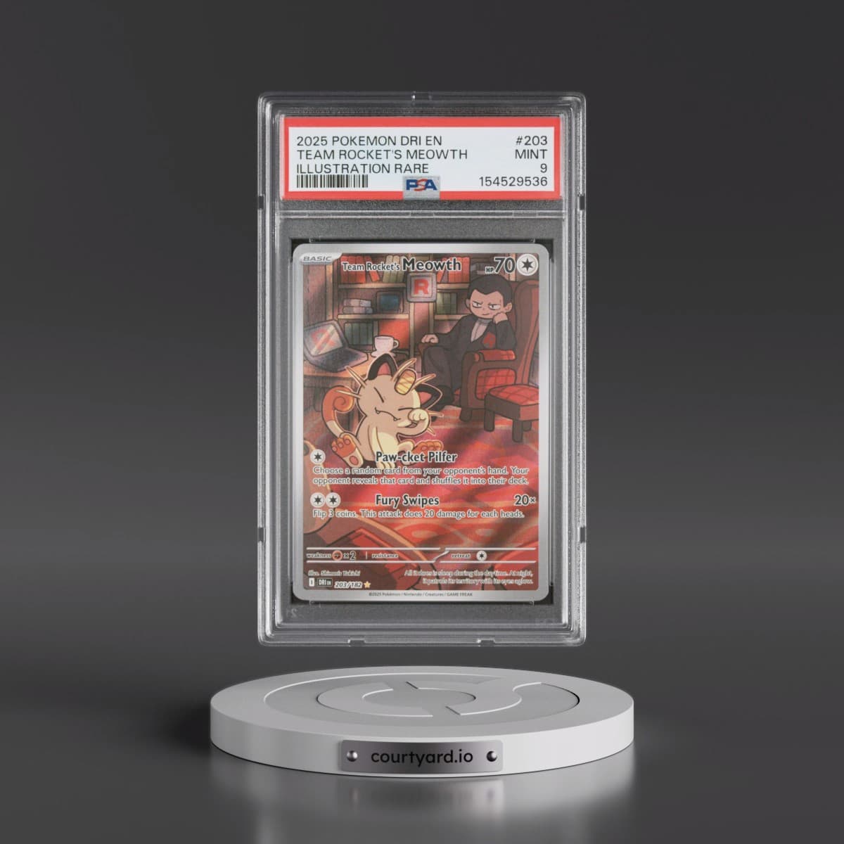 2025 Pokémon Dri EN-Destined Rivals #203 Team Rocket's Meowth - Illustration Rare (PSA 9 MINT)