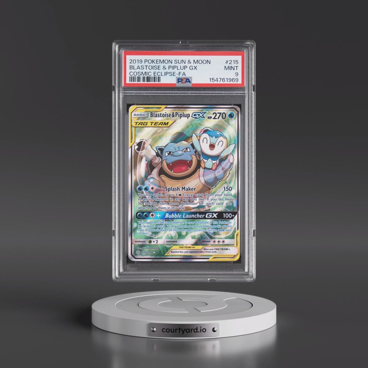 2019 Pokémon Sun & Moon Cosmic Eclipse #215 Blastoise & Piplup GX - Holo Full Art (PSA 9 MINT)
