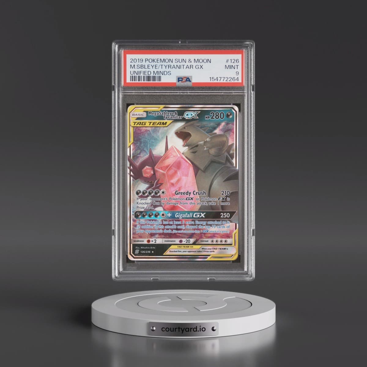 2019 Pokémon Sun & Moon Unified Minds #126 Mega Sableye & Tyranitar GX - Holo (PSA 9 MINT)