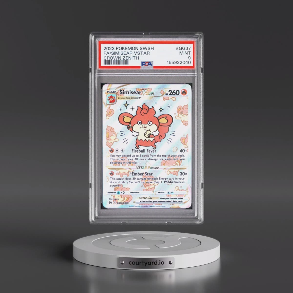 2023 Pokémon Sword and Shield Crown Zenith #GG37 Simisear Vstar - Full Art (PSA 9 MINT)