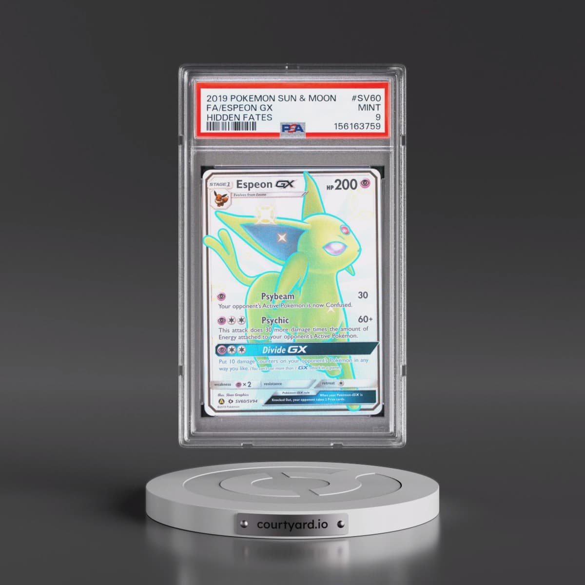 2019 Pokémon Sun & Moon Hidden Fates #SV60 Espeon GX - Holo Full Art (PSA 9 MINT)