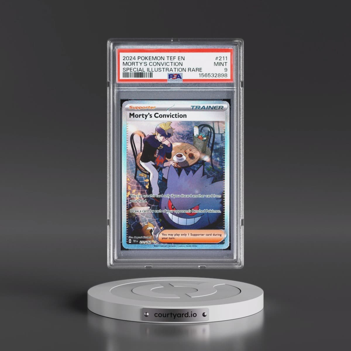 2024 Pokémon Tef EN-Temporal Forces #211 Morty's Conviction - Special Illustration Rare (PSA 9 MINT)