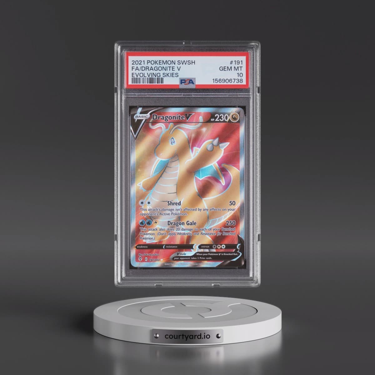 2021 Pokémon Sword & Shield Evolving Skies #191 Dragonite V - Holo Full Art (PSA 10 GEM MINT)