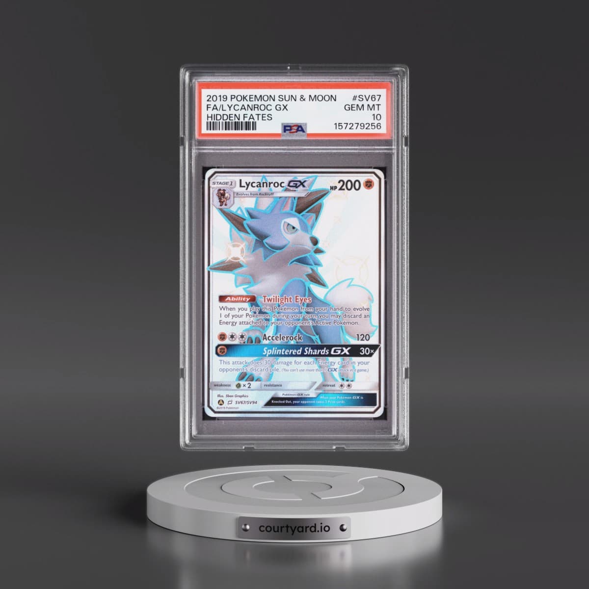 2019 Pokémon Sun & Moon Hidden Fates #SV67 Lycanroc GX - Holo Full Art (PSA 10 GEM MINT)
