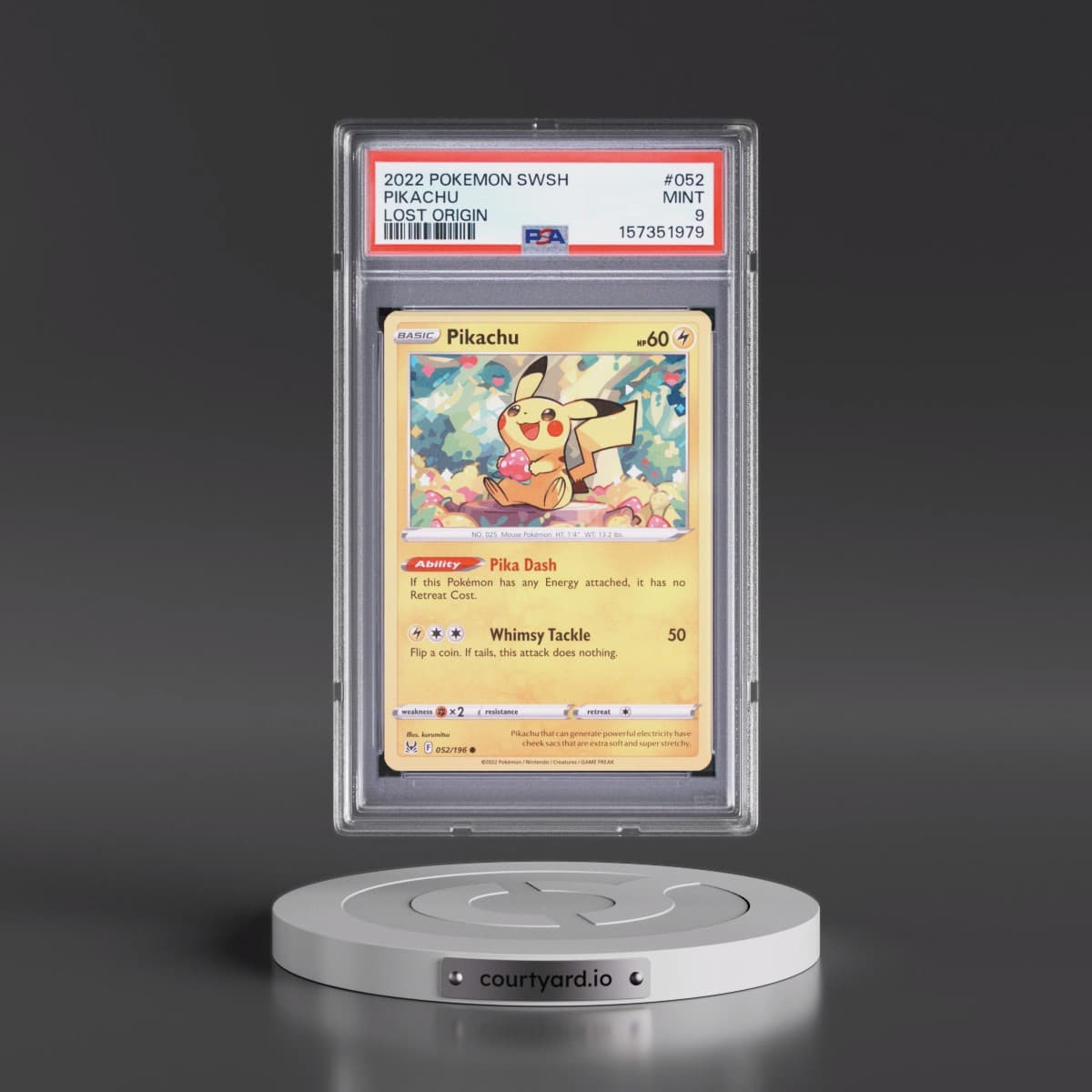 2022 Pokémon Sword & Shield Lost Origin #052 Pikachu (PSA 9 MINT)