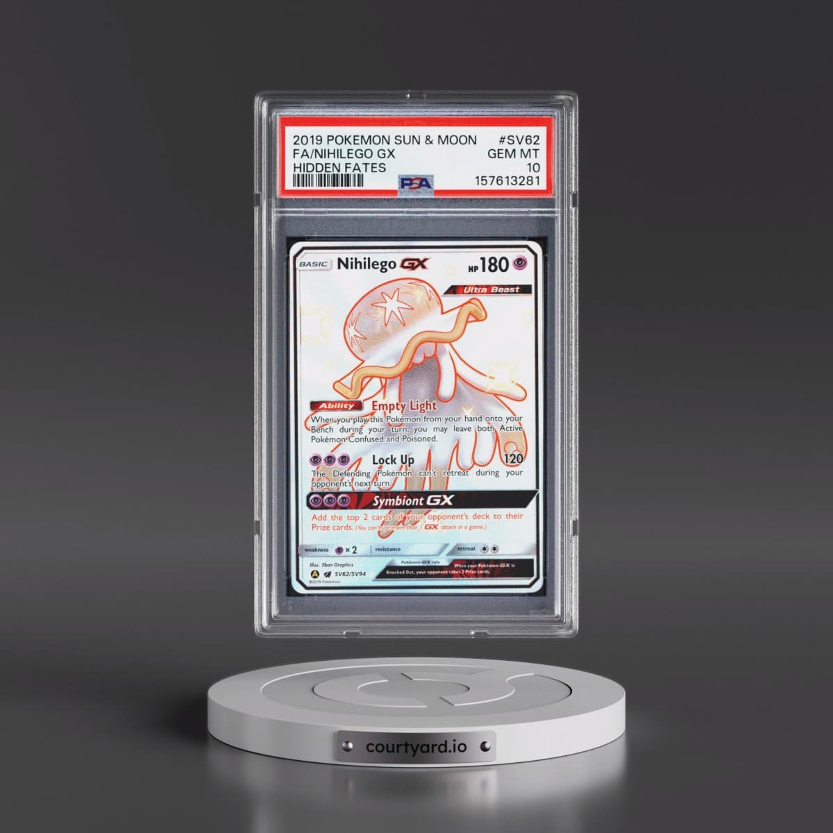 2019 Pokémon Sun & Moon Hidden Fates #SV62 Nihilego GX - Holo Full Art (PSA 10 GEM MINT)