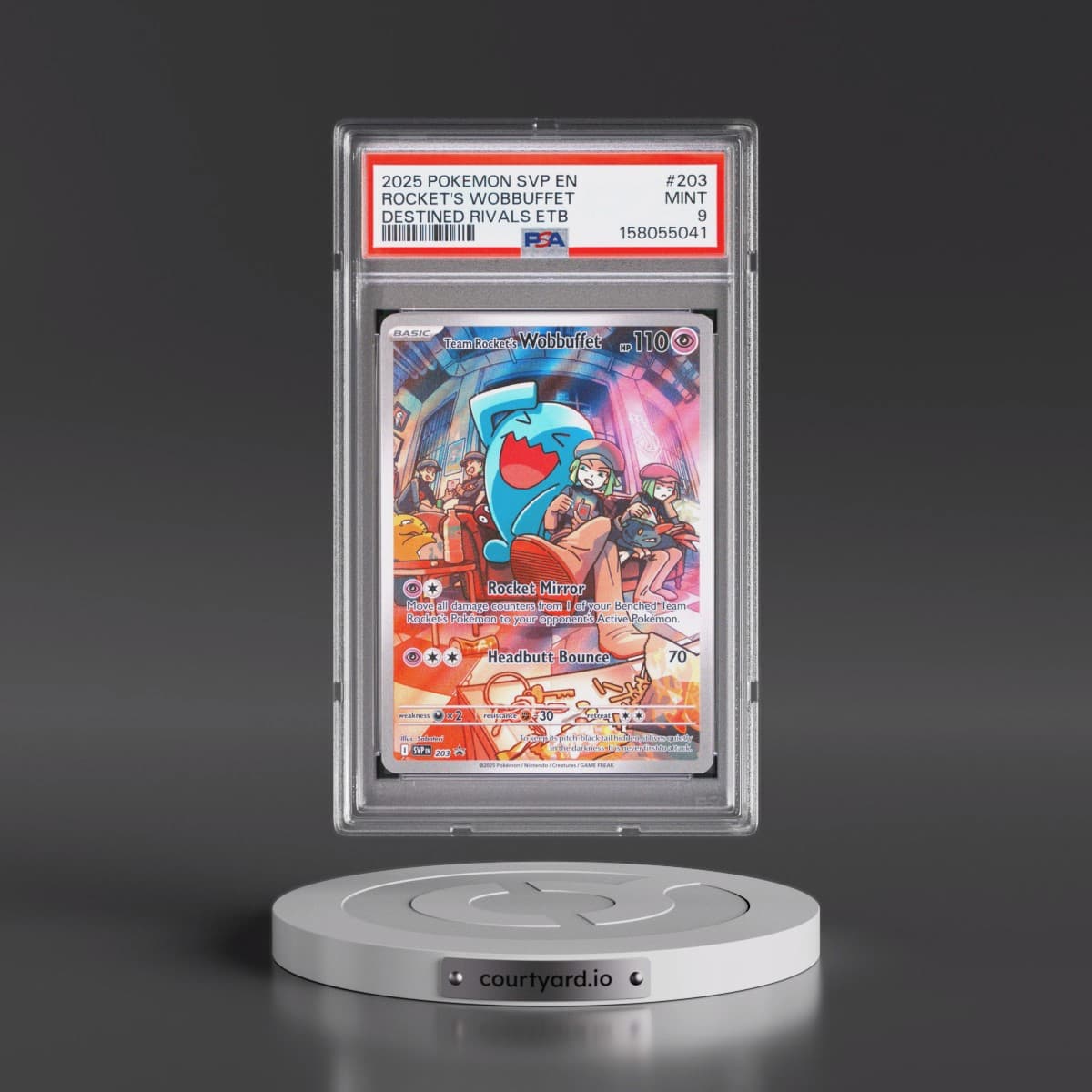 2025 Pokémon Svp EN-SV Black Star Promo #203 Team Rocket's Wobbuffet - Destined Rivals Elite Trainer Box (PSA 9 MINT)