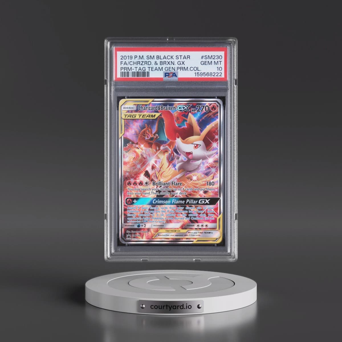 2019 Pokémon SM Black Star Promo #SM230 Charizard & Braixen GX - Holo Full Art Tag Team Generations Premium Collection (PSA 10 GEM MINT)
