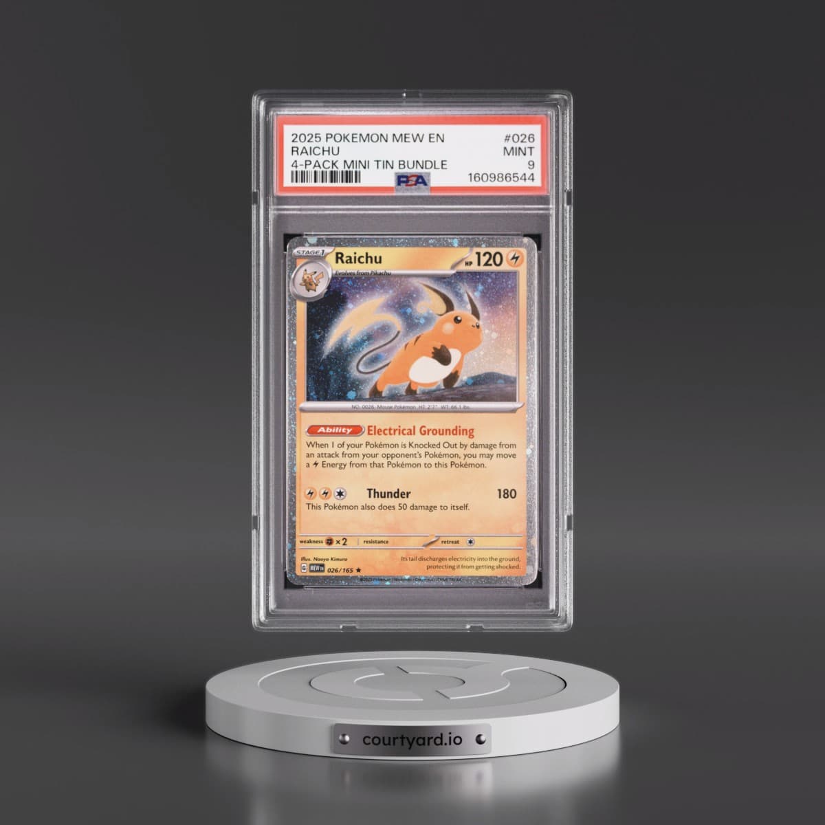 2025 Pokémon Mew EN-151 #026 Raichu - 4-Pack Mini Tin Bundle (PSA 9 MINT)