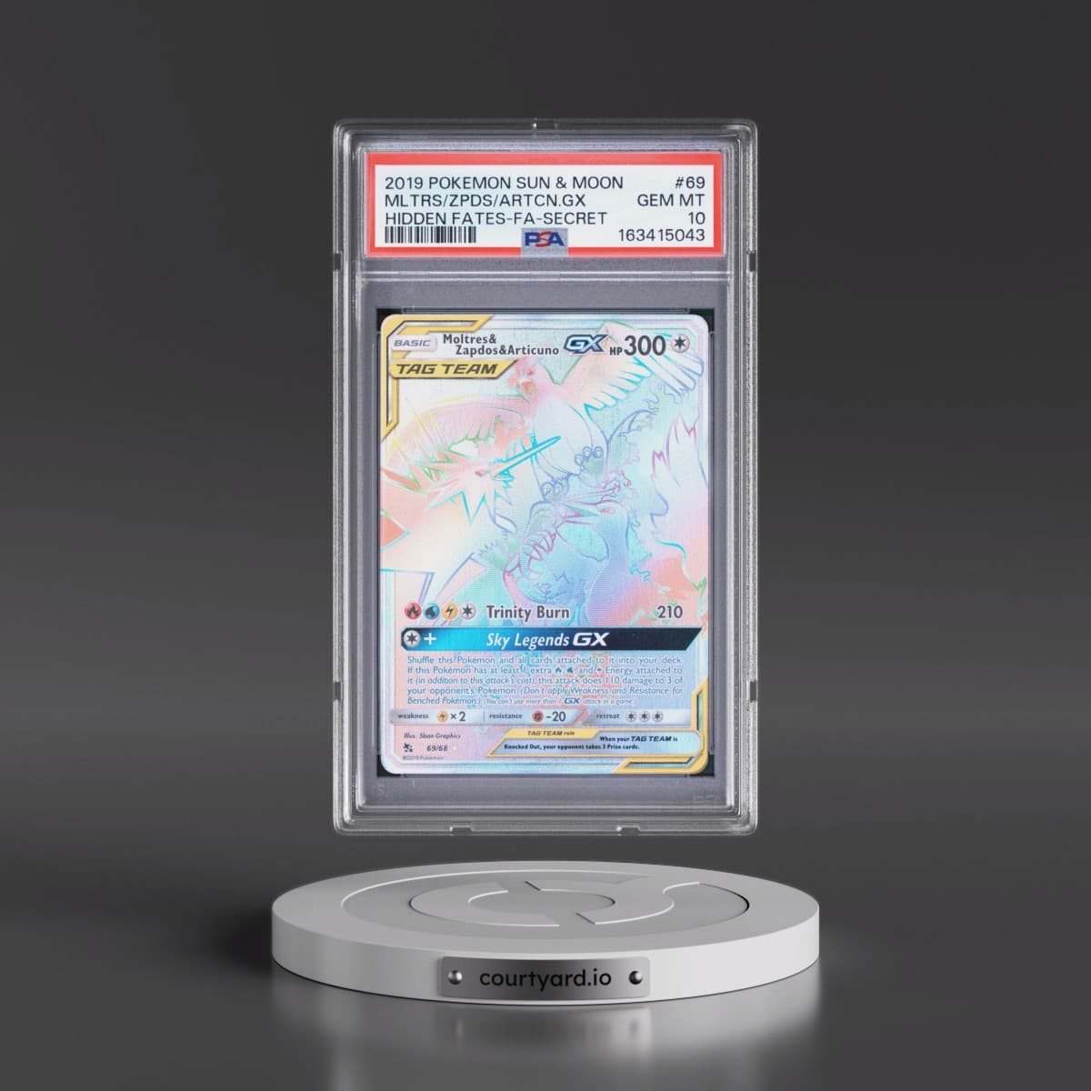 2019 Pokémon Sun & Moon Hidden Fates #69 Moltres & Zapdos & Articuno GX - Holo Full Art Secret (PSA 10 GEM MINT)