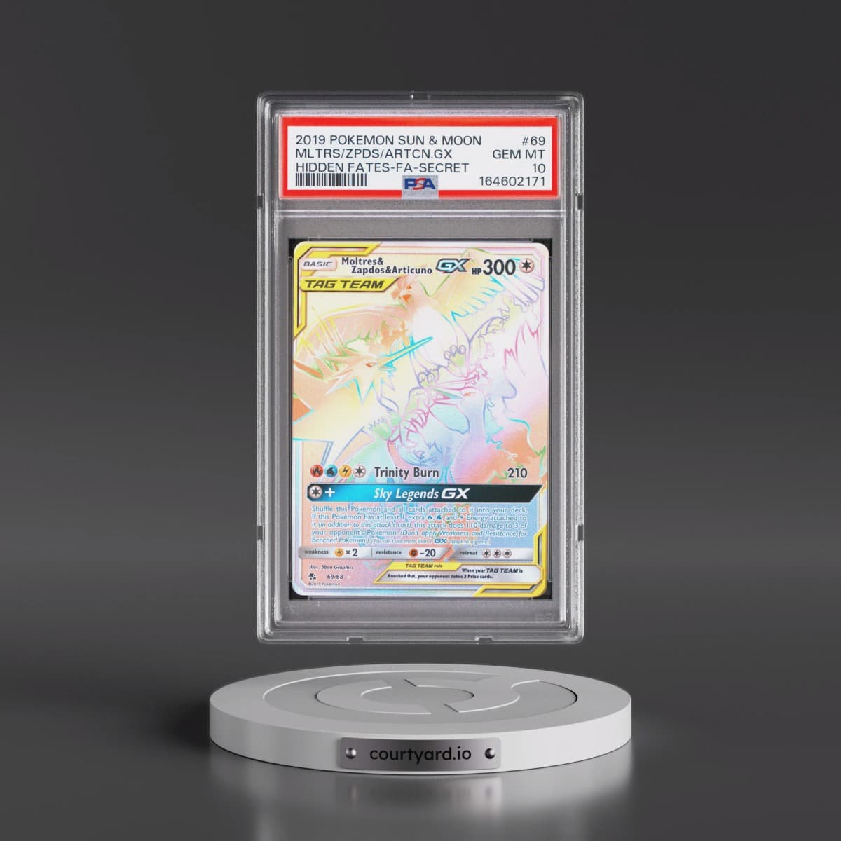 2019 Pokémon Sun & Moon Hidden Fates #69 Moltres & Zapdos & Articuno GX - Holo Full Art Secret (PSA 10 GEM MINT)
