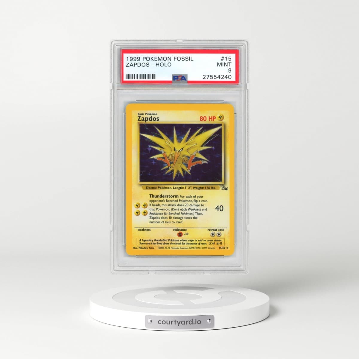 1999 Pokémon Fossil #15 Zapdos - Holo (PSA 9 MINT)