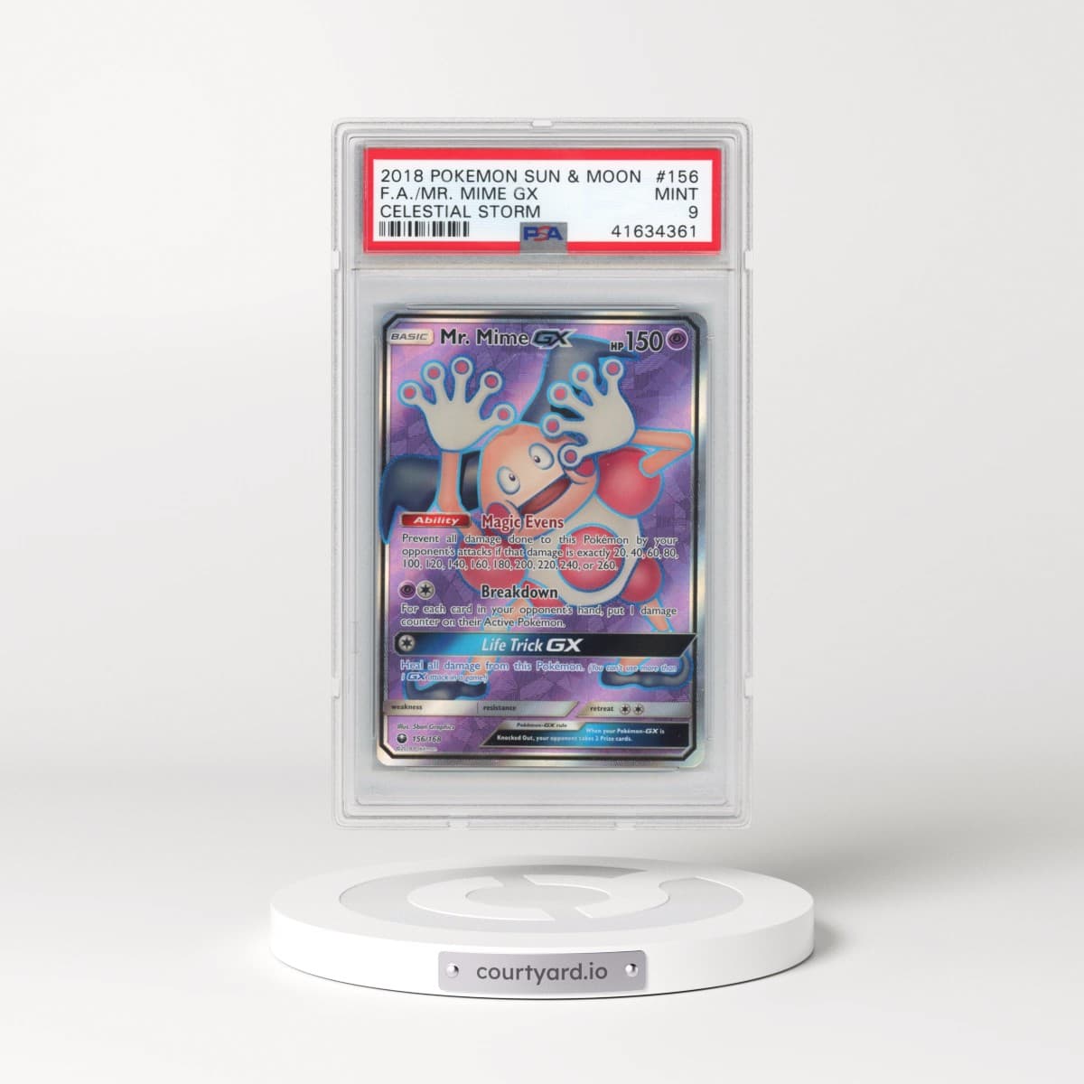 2018 Pokémon Sun & Moon Celestial Storm #156 Mr. Mime GX - Holo Full Art (PSA 9 MINT)