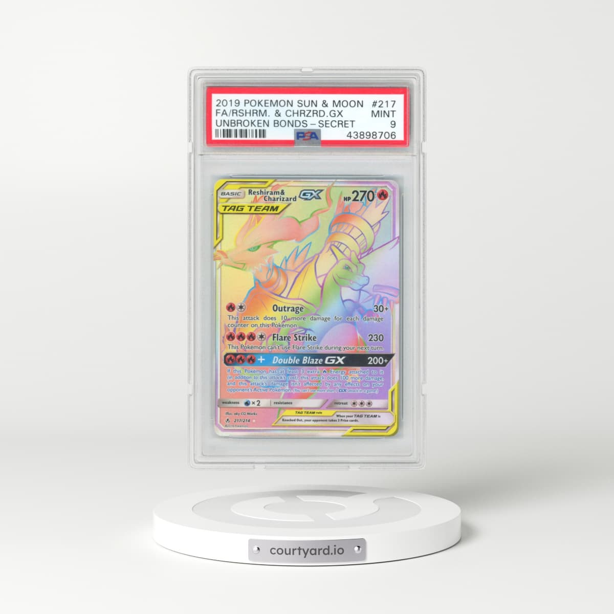 2019 Pokémon Sun & Moon Unbroken Bonds #217 Reshiram & Charizard GX - Holo Full Art Secret (PSA 9 MINT)