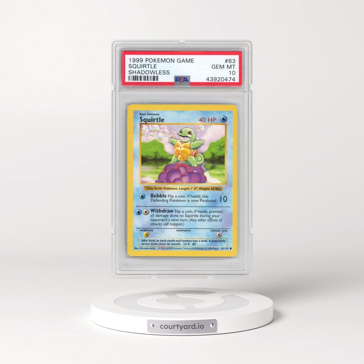 1999 Pokémon Game #63 Squirtle - Shadowless (PSA 10 GEM MINT)