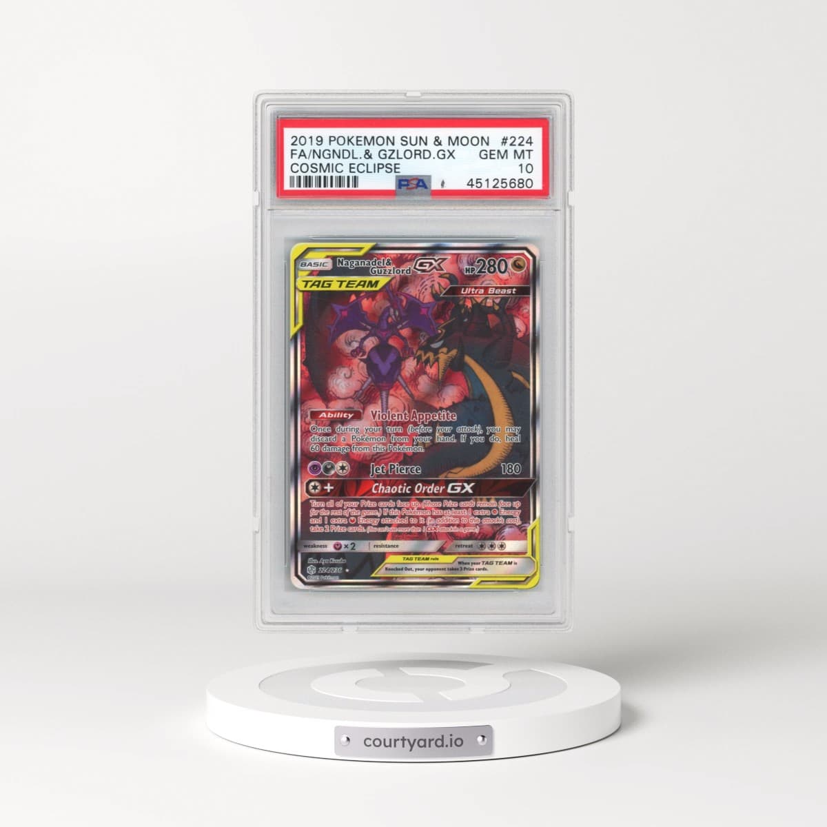 2019 Pokémon Sun & Moon Cosmic Eclipse #224 Naganadel & Guzzlord GX - Holo Full Art (PSA 10 GEM MINT)