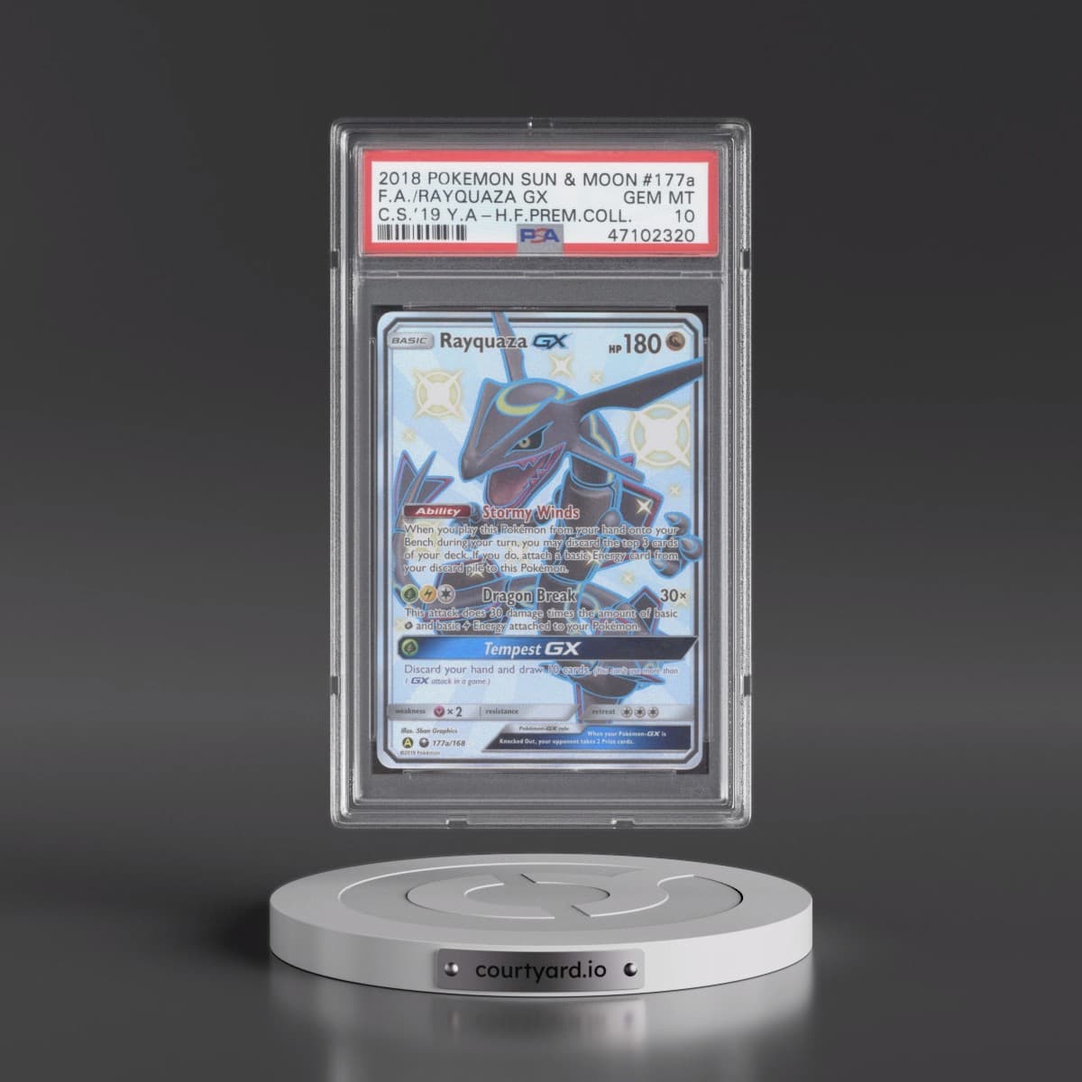 2018 Pokémon Sun & Moon Celestial Storm #177a Rayquaza GX - Holo Full Art 2019 Yellow A Hidden Fates Premium Collection (PSA 10 GEM MINT)