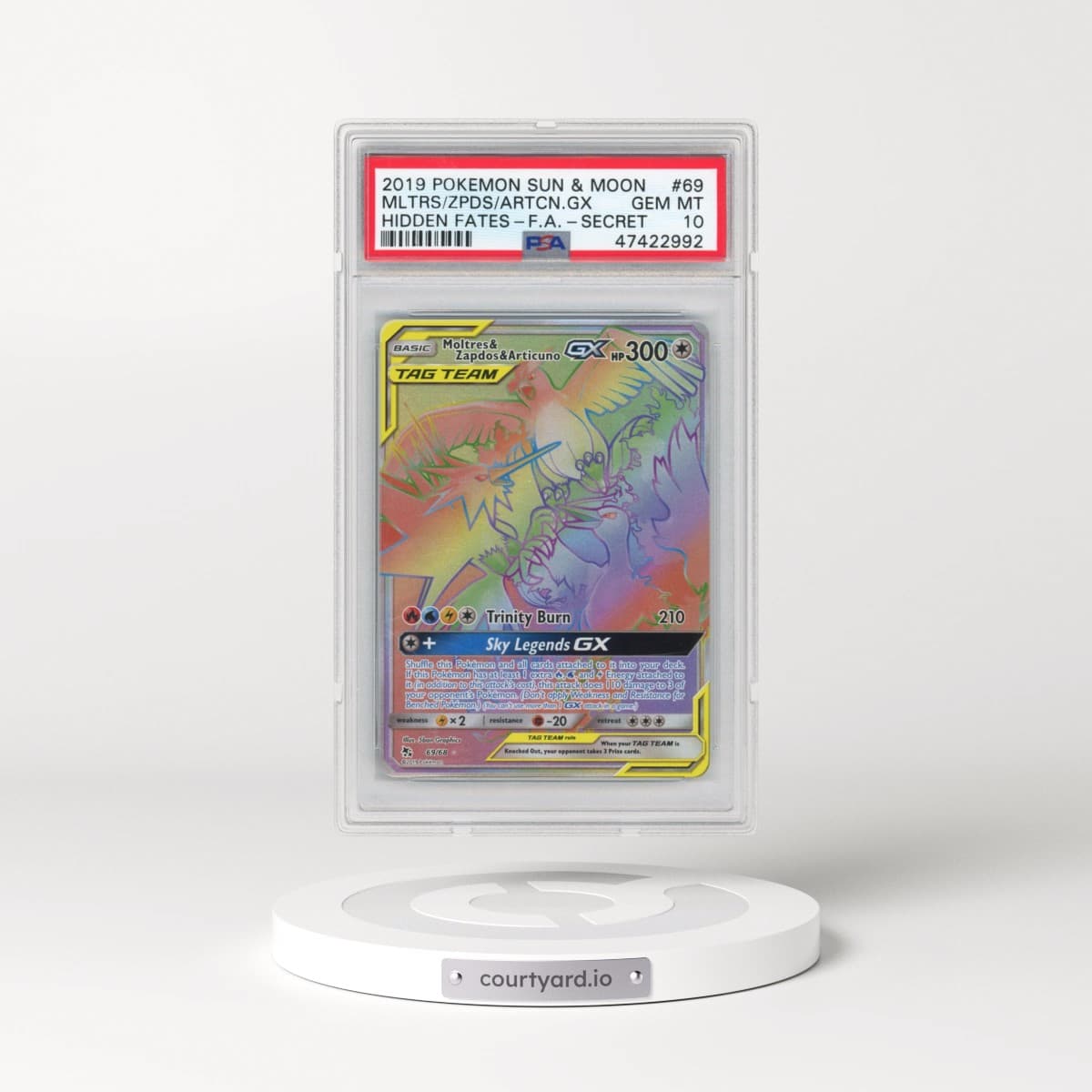 2019 Pokémon Sun & Moon Hidden Fates #69 Moltres & Zapdos & Articuno GX - Holo Full Art Secret (PSA 10 GEM MINT)