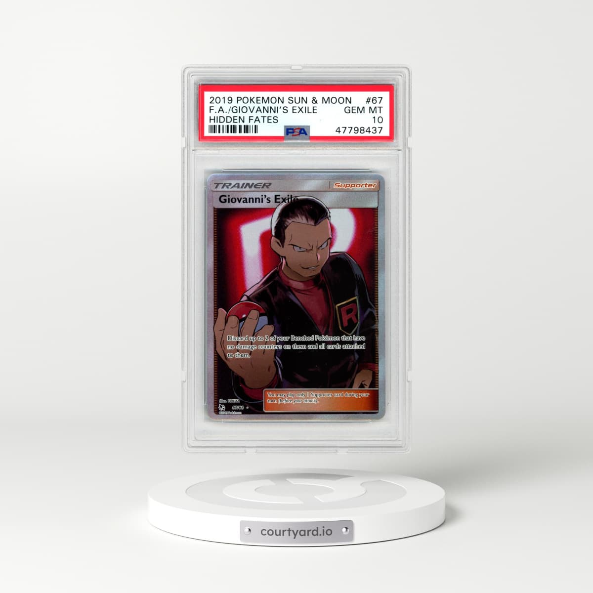2019 Pokémon Sun & Moon Hidden Fates #67 Giovanni's Exile - Full Art (PSA 10 GEM MINT)