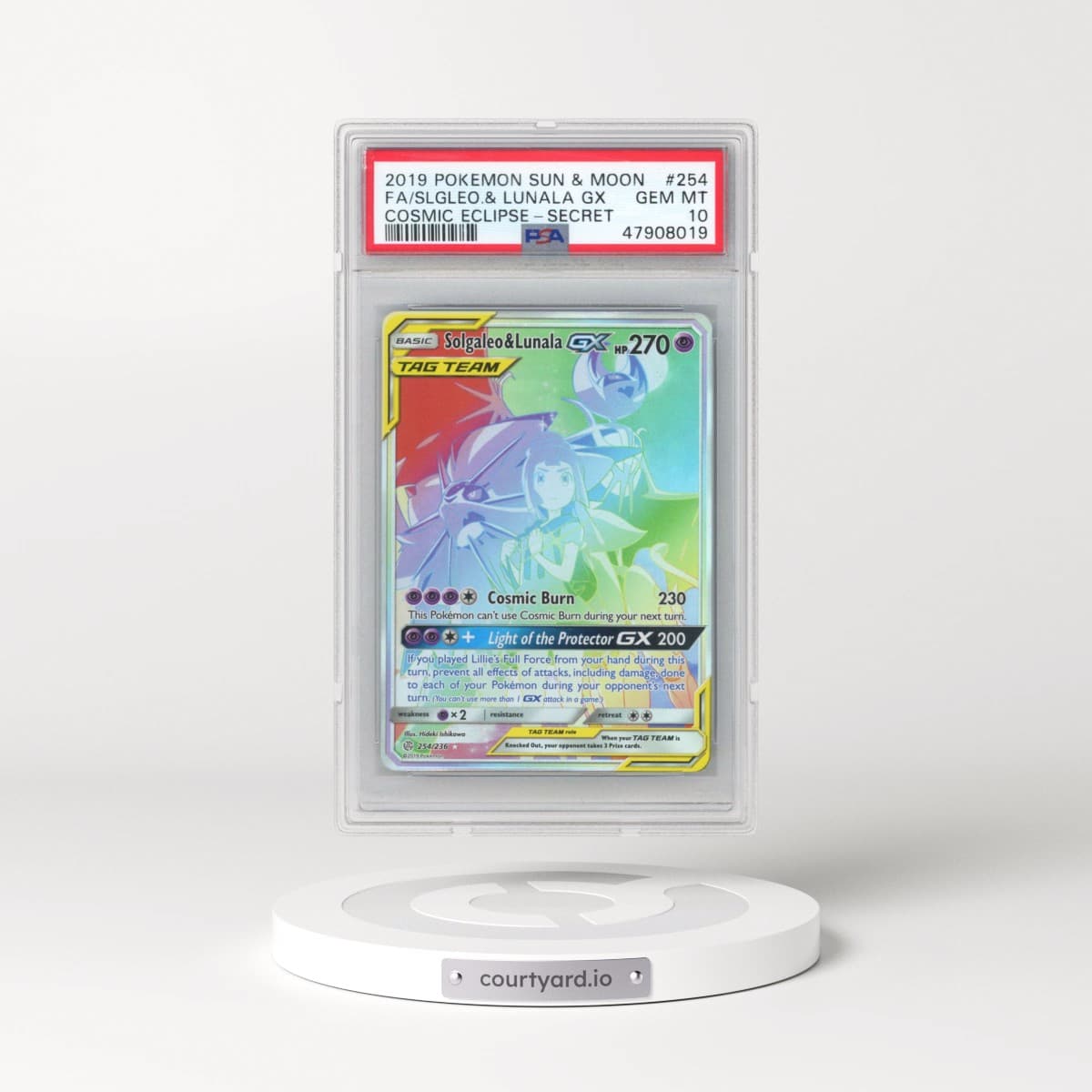 2019 Pokémon Sun & Moon Cosmic Eclipse #254 Solgaleo & Lunala GX - Holo Full Art Secret (PSA 10 GEM MINT)