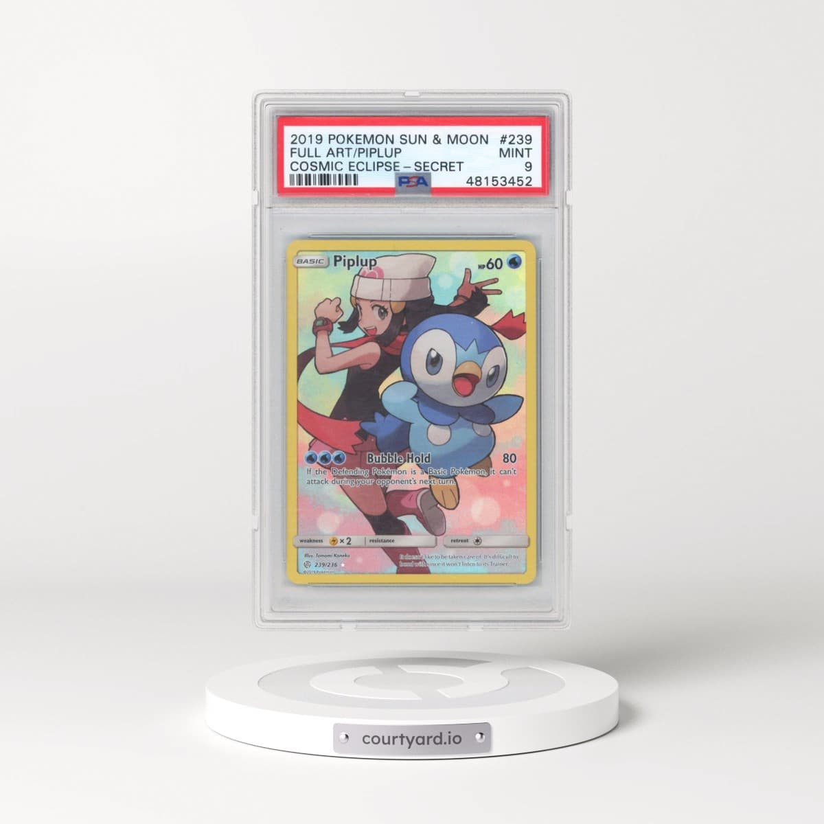 2019 Pokémon Sun & Moon Cosmic Eclipse #239 Piplup - Full Art Secret (PSA 9 MINT)