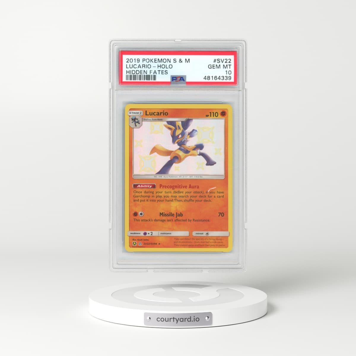 2019 Pokémon Sun & Moon Hidden Fates #SV22 Lucario - Holo (PSA 10 GEM MINT)