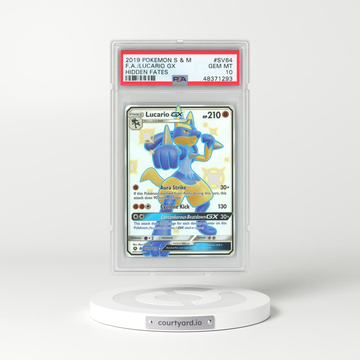 2019 Hidden Fates #SV64 Lucario GX - Full Art Holo (PSA 10 GEM MINT)