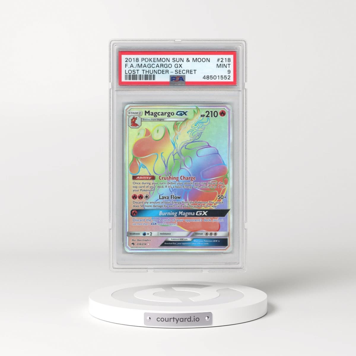 2018 Pokémon Sun & Moon Lost Thunder #218 Magcargo GX - Holo Full Art Secret (PSA 9 MINT)