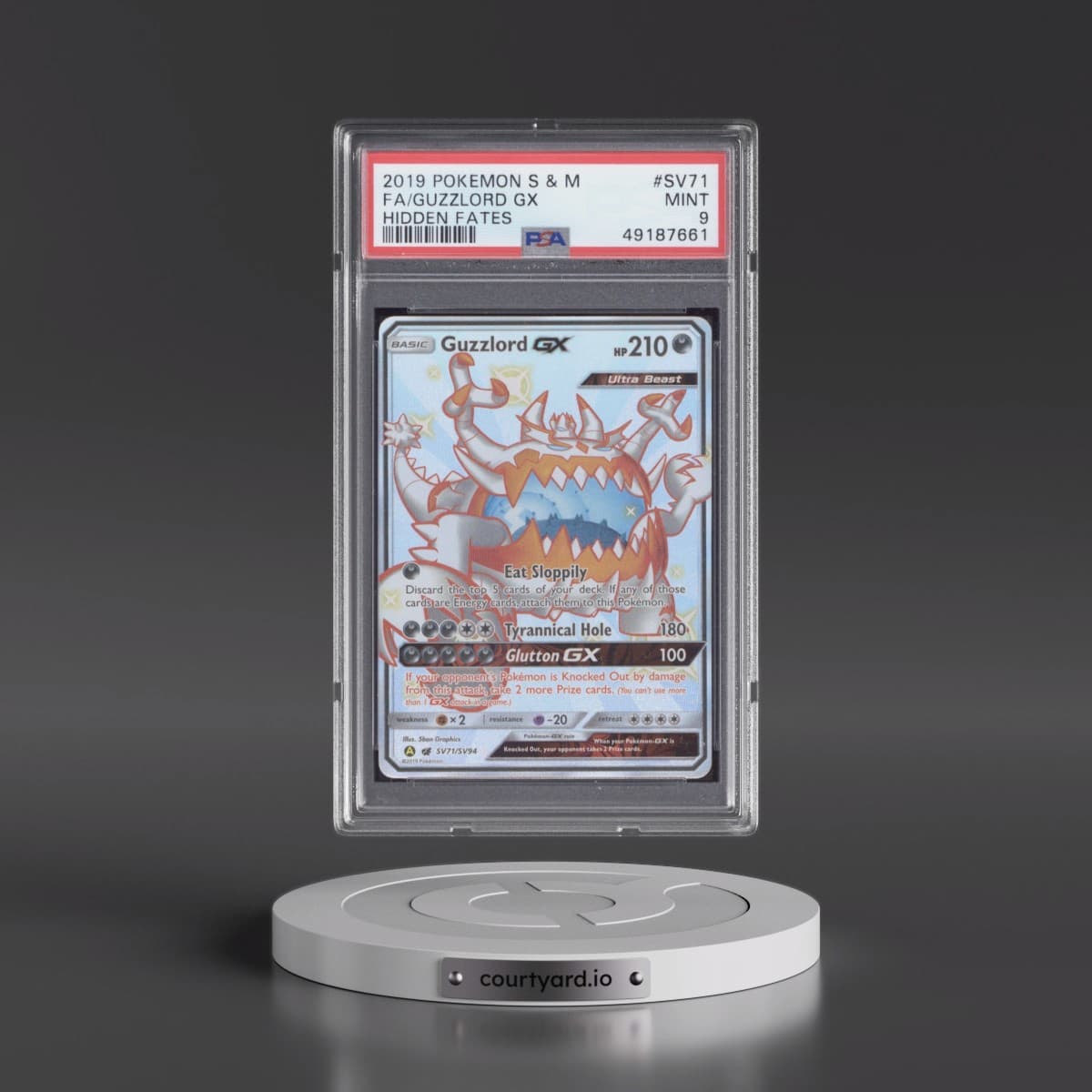 2019 Pokémon Sun & Moon Hidden Fates #SV71 Guzzlord GX - Holo Full Art (PSA 9 MINT)