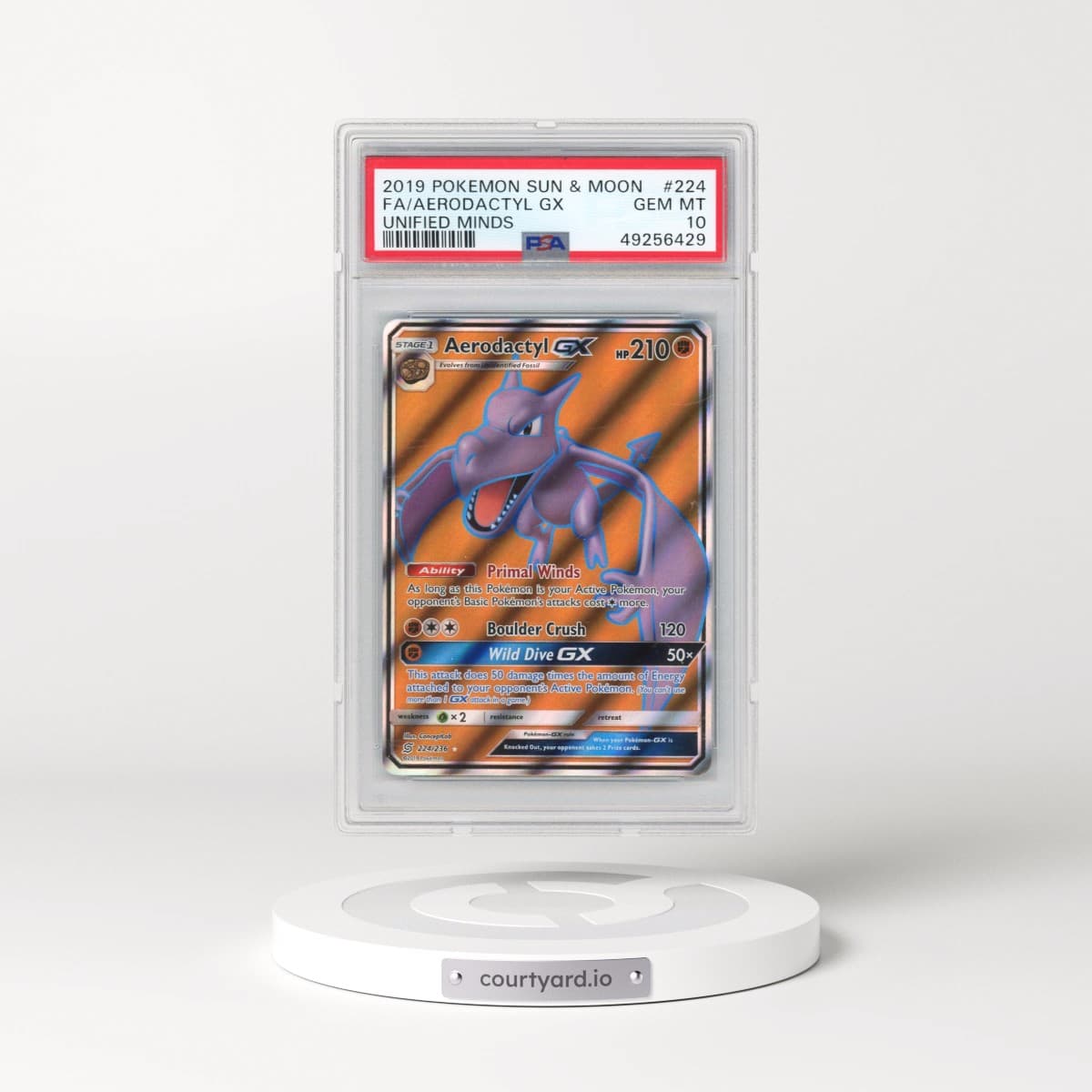 2019 Pokémon Sun & Moon Unified Minds #224 Aerodactyl GX - Holo Full Art (PSA 10 GEM MINT)