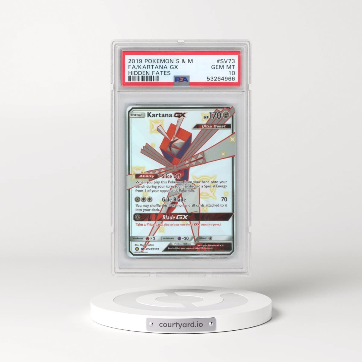 2019 Pokémon Sun & Moon Hidden Fates #SV73 Kartana GX - Holo Full Art (PSA 10 GEM MINT)