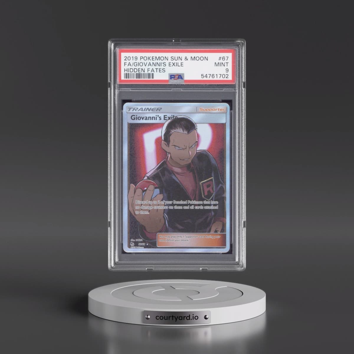 2019 Pokémon Sun & Moon Hidden Fates #67 Giovanni's Exile - Full Art (PSA 9 MINT)