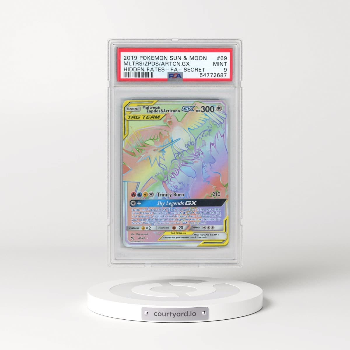2019 Pokémon Sun & Moon Hidden Fates #69 Moltres & Zapdos & Articuno GX - Holo Full Art Secret (PSA 9 MINT)
